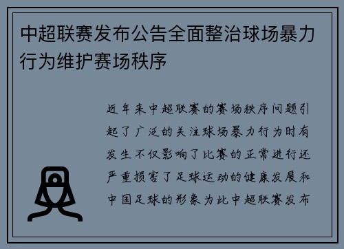中超联赛发布公告全面整治球场暴力行为维护赛场秩序 中超联赛发布公告全面整治球场暴力行为维护赛场秩序